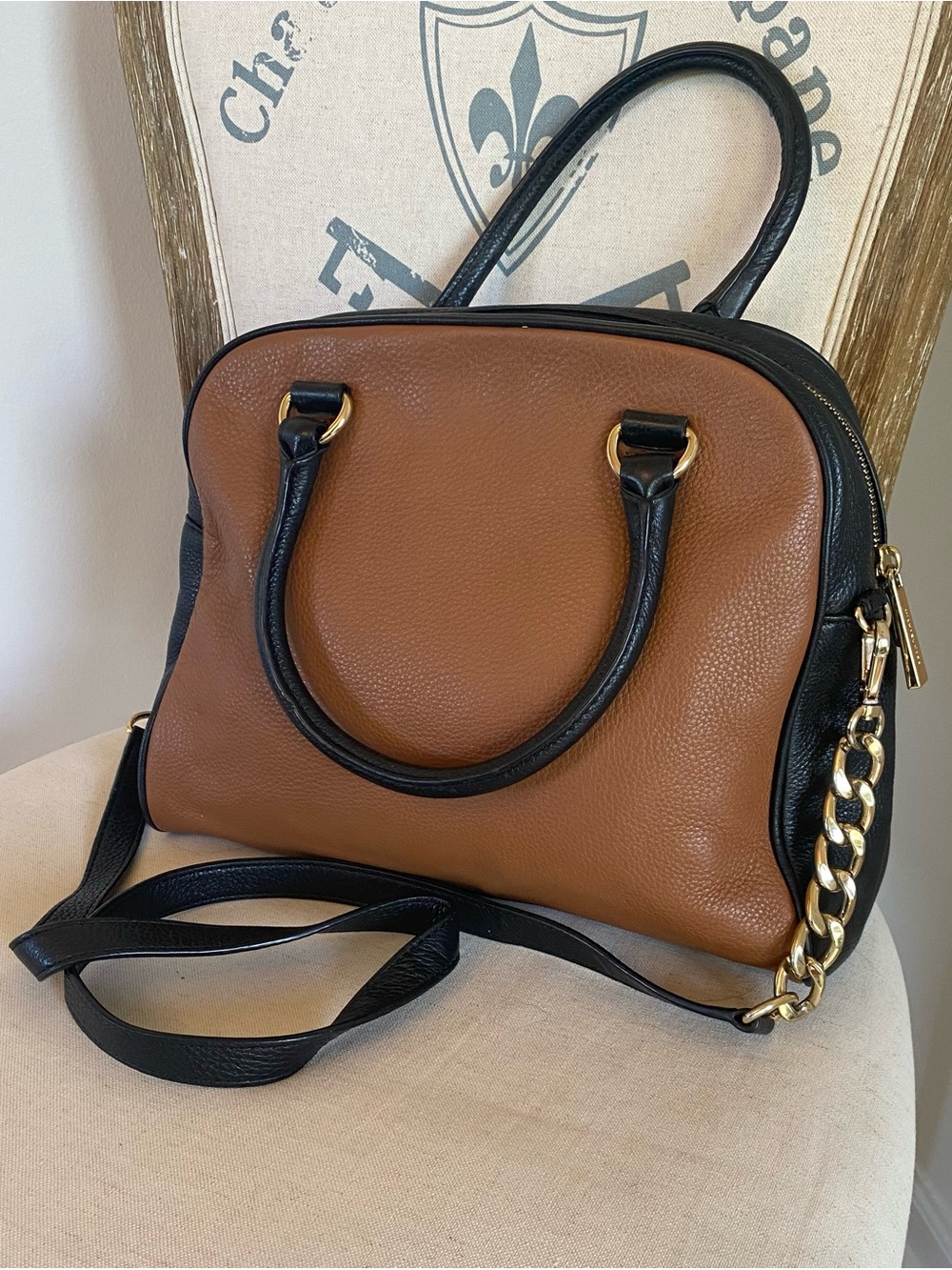 Michael Kors Two-Tone Pebbled Leather Satchel in Brown and Black w/ gold detail